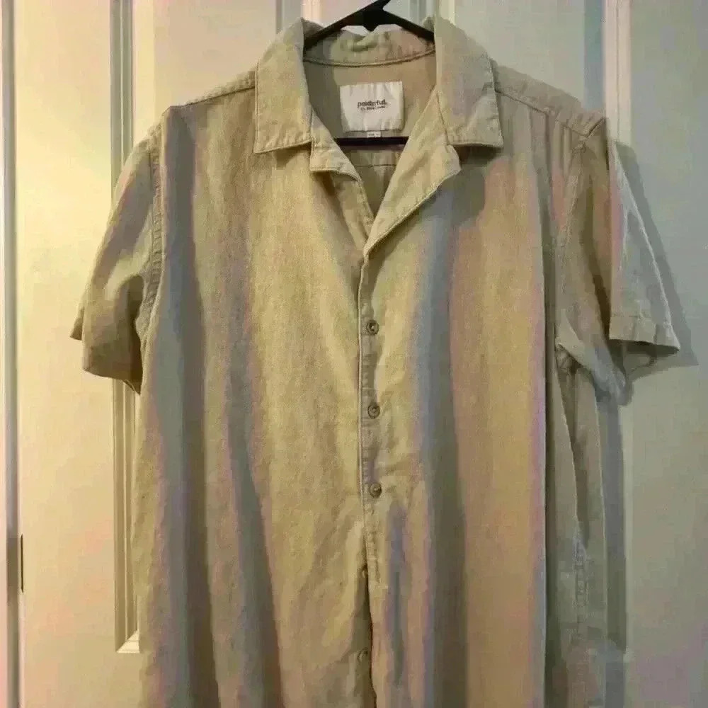 Plaid in Full Button up Cuban Shirt Tan medium
